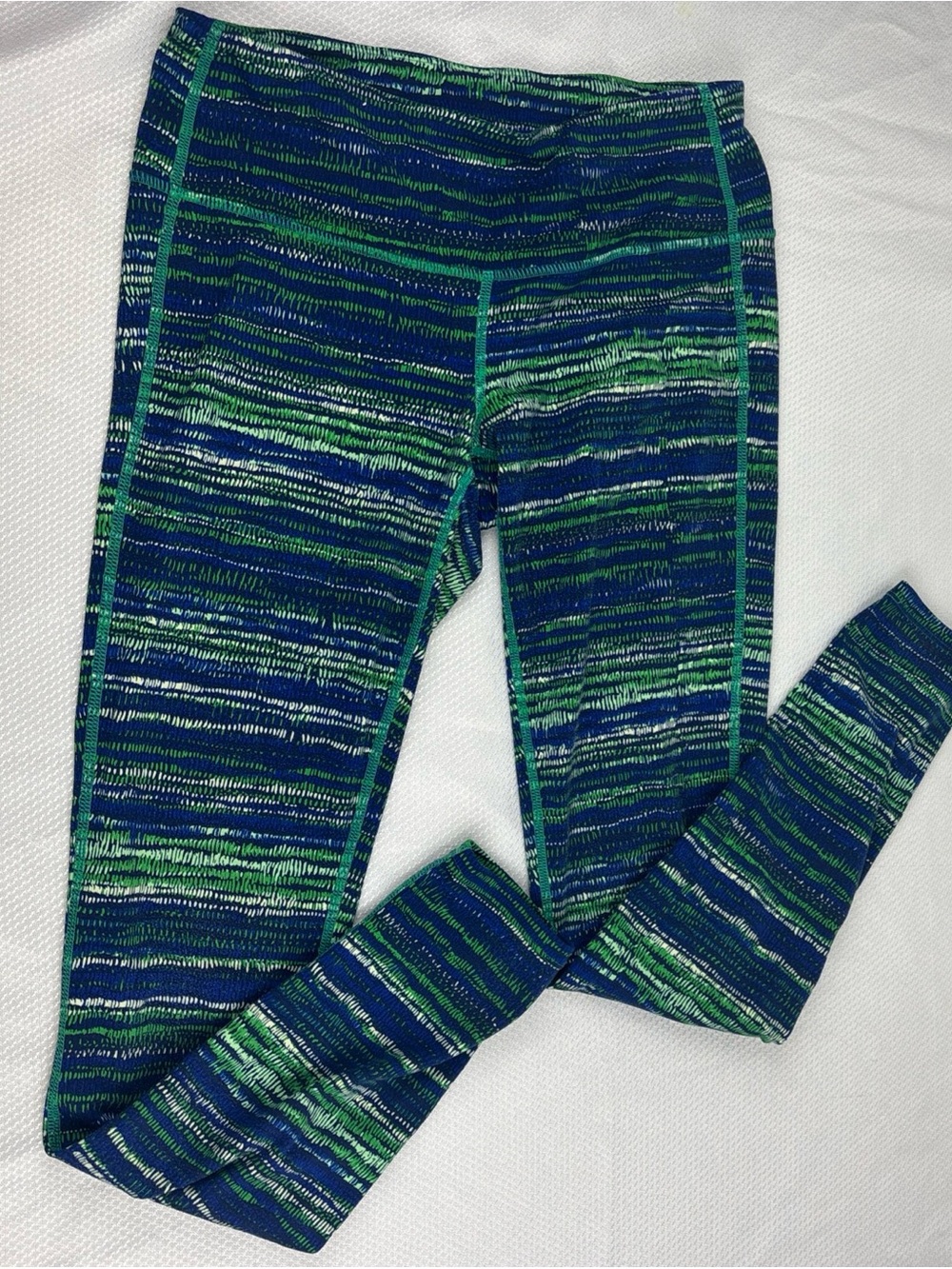 Athleta Green White Blue Stripes Watercolor Leggings Compression Small Gym Fit